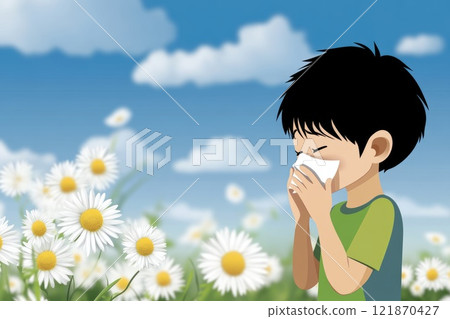 Allergy to plants concept: seasonal bloom, floral trigger, respiratory irritation, red eye, nasal sneeze, environmental factor, pollen spread, immune defense, sensitive symptom, spring condition. Allergy to plants concept: seasonal bloom, floral trigger, respiratory irritation, red eye, nasal sneeze, environmental factor, pollen spread, immune defense, sensitive symptom, spring condition. 121870427