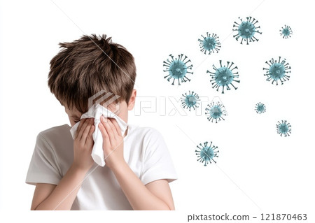 Cold symptoms display: sick individual, tissue use, virus prevention, protective mask, sneezing action, illness indication, respiratory care, germ spread, personal hygiene focus, seasonal ailment. 121870463