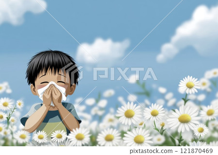 Allergy to plants concept: seasonal bloom, floral trigger, respiratory irritation, red eye, nasal sneeze, environmental factor, pollen spread, immune defense, sensitive symptom, spring condition. Allergy to plants concept: seasonal bloom, floral trigger, respiratory irritation, red eye, nasal sneeze, environmental factor, pollen spread, immune defense, sensitive symptom, spring condition. 121870469
