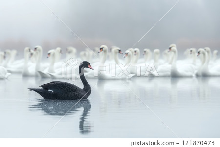 Solitary stance: individuality presence, visualization of uniqueness, one against the crowd, self-expression, personal belief, distinctive identity, singularity, personal courage, social contrast, . 121870473