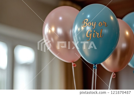 Gender celebration, a joyful party with pink and blue, a heartfelt moment of excitement and togetherness as the boy or girl reveal becomes a cherished part of the family celebration. 121870487