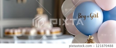 Gender celebration, a joyful party with pink and blue, a heartfelt moment of excitement and togetherness as the boy or girl reveal becomes a cherished part of the family celebration. 121870488