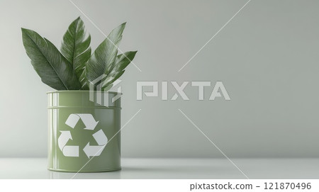 Eco icon: green recycle symbol displayed in nature inspired design on banner, copy space for highlighting sustainability initiatives, promoting eco conscious habits for greener future. 121870496