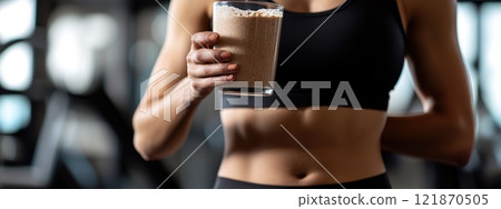 Fitness fuel: protein shake, energizing drink, muscle repair, wellness boost, recovery support, athletic nourishment, post exercise refreshment, balanced intake, health enhancing formula. 121870505