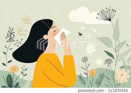 Seasonal allergy illustration: blooming plant, pollen spread, irritated eye, nasal discomfort, immune reaction, springtime issue, airborne allergen, sensitive response, sneezing symptom. Seasonal allergy illustration: blooming plant, pollen spread, irritated eye, nasal discomfort, immune reaction, springtime issue, airborne allergen, sensitive response, sneezing symptom. 121870508
