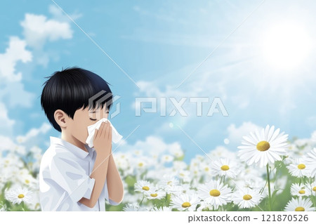 Allergy to plants concept: seasonal bloom, floral trigger, respiratory irritation, red eye, nasal sneeze, environmental factor, pollen spread, immune defense, sensitive symptom, spring condition. Allergy to plants concept: seasonal bloom, floral trigger, respiratory irritation, red eye, nasal sneeze, environmental factor, pollen spread, immune defense, sensitive symptom, spring condition. 121870526