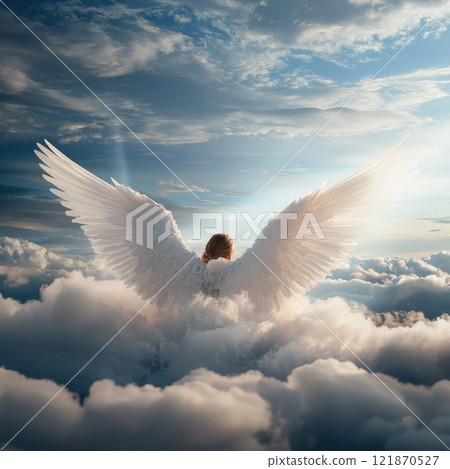Spiritual journey: winged figure, soul passage, afterlife concept, divine departure, heavenly ascent, sacred rebirth, life transition, celestial being, divine wings, ethereal existence. 121870527