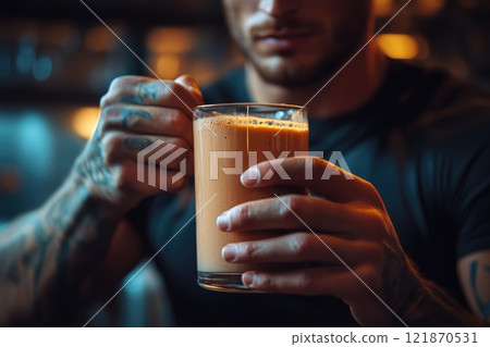 Fitness fuel: protein shake, energizing drink, muscle repair, wellness boost, recovery support, athletic nourishment, post exercise refreshment, balanced intake, health enhancing formula. 121870531