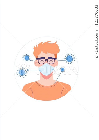 Sick individual moment: sneezing act, tissue aid, mask barrier, virus defense, cold relief, respiratory concern, illness prevention, germ reduction, personal care, seasonal condition response. 121870633