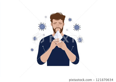 Sick individual moment: sneezing act, tissue aid, mask barrier, virus defense, cold relief, respiratory concern, illness prevention, germ reduction, personal care, seasonal condition response. 121870634
