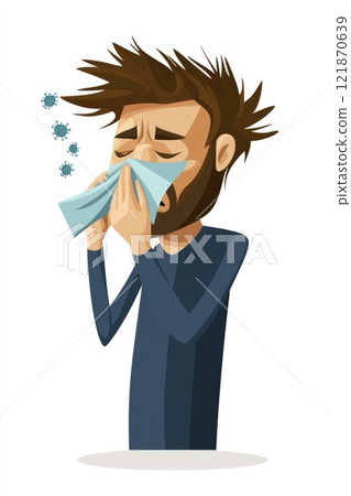 Cold symptoms display: sick individual, tissue use, virus prevention, protective mask, sneezing action, illness indication, respiratory care, germ spread, personal hygiene focus, seasonal ailment. 121870639