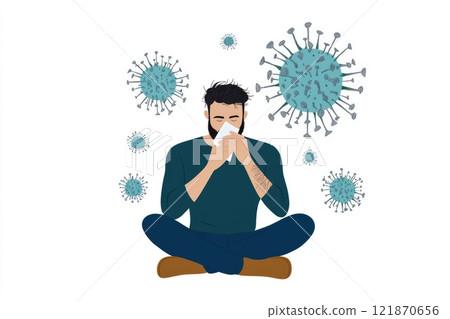 Cold symptoms display: sick individual, tissue use, virus prevention, protective mask, sneezing action, illness indication, respiratory care, germ spread, personal hygiene focus, seasonal ailment. Cold symptoms display: sick individual, tissue use, virus prevention, protective mask, sneezing action, illness indication, respiratory care, germ spread, personal hygiene focus, seasonal ailment. 121870656