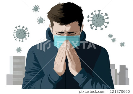 Sick individual moment: sneezing act, tissue aid, mask barrier, virus defense, cold relief, respiratory concern, illness prevention, germ reduction, personal care, seasonal condition response. Sick individual moment: sneezing act, tissue aid, mask barrier, virus defense, cold relief, respiratory concern, illness prevention, germ reduction, personal care, seasonal condition response. 121870660