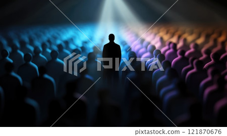 Individuality: singular stance, individuality amidst crowd, belief assertion, personal distinctiveness, solitary visualization, authentic self, independent identity, personal values, one perspective. 121870676