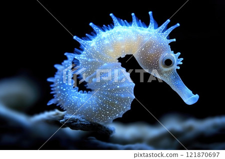 Glowing Seahorse: Bioluminescent fractal design, intricate patterns, radiant colors, mesmerizing glow, marine elegance, underwater beauty, unique visualization, luminous effect, surreal ocean life. 121870697