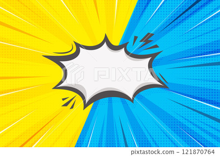 Comic book superhero background with speech bubble frame. Retro starburst compare template with yellow and blue colors and halftone effect. Vs abstract vector comic book poster with radial rays Comic book superhero background with speech bubble frame. Retro starburst compare template with yellow and blue colors and halftone effect. Vs abstract vector comic book poster with radial rays 121870764
