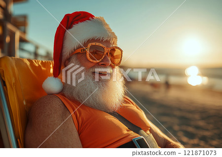 Santa in sunglasses relaxes on a beach chair at sunset, smiling in a red hat. Concept of holiday, relaxation, and warmth. 121871073