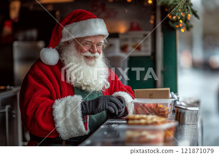 Santa Claus in red suit joyfully serves food at a festive market stall. Concept of Christmas cheer and winter festivity. Santa Claus in red suit joyfully serves food at a festive market stall. Concept of Christmas cheer and winter festivity. 121871079