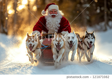 Santa rides a dog sled through a snowy forest, with huskies leading the way. Concept of holiday cheer and winter adventure. 121871082