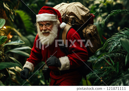 Santa in a red suit with a large backpack hikes through a dense forest. Concept of holiday adventure journey. Santa in a red suit with a large backpack hikes through a dense forest. Concept of holiday adventure journey. 121871111