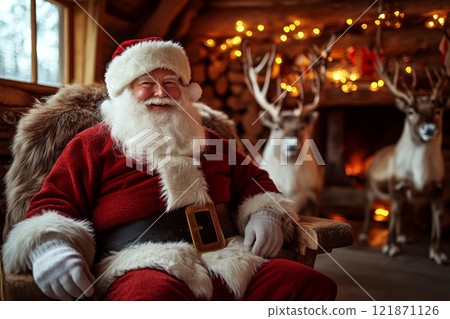 Santa sits smiling in a cozy room with warm lights and reindeer in the background. Concept of Christmas cheer and festive warmth. 121871126