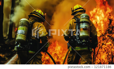 Close-up from behind of two wildfirefighters battling a wildfire. The fire is blazing while the wildfire is burning in the foreground. Created with Generative AI. Close-up from behind of two wildfirefighters battling a wildfire. The fire is blazing while the wildfire is burning in the foreground. Created with Generative AI. 121871186