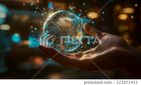 Glowing sphere floating above human hand, sparkling digital lines and light particles Glowing sphere floating above human hand, sparkling digital lines and light particles 121871415