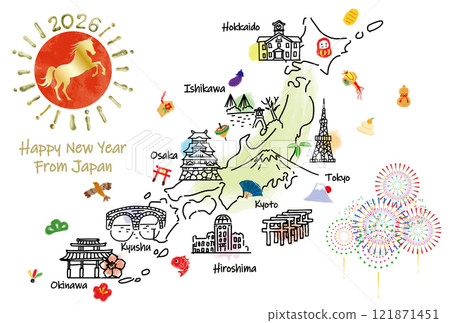 2026日本旅遊景點新年賀卡插畫圖 121871451