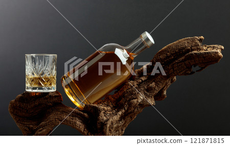 Bottle and glass of whiskey on a old snags. Bottle and glass of whiskey on a old snags. 121871815