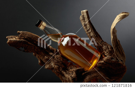 Bottle of whiskey on a old snags. Bottle of whiskey on a old snags. 121871816