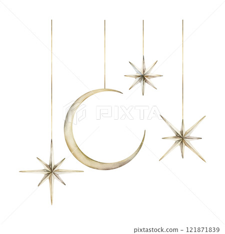 Hanging decorative crescent moon and stars. Watercolor hand drawn illustration set isolated on white background for Muslim holiday, Ramadan Kareem, Eid Al Fitr, Al Adha, nursery design, baby shower 121871839