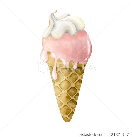 Cute ice cream waffle cone. Watercolor hand painted food illustration isolated on white background for kids birthday, baby shower party, nursery decor, children clothes fabric, delicious textile 121871937