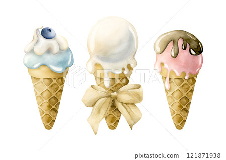 Cute ice cream waffle cone set. Watercolor hand painted food illustration isolated on white background for kids birthday, baby shower party, nursery decor, children clothes fabric, delicious textile 121871938
