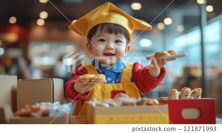 A young child wearing a chef's hat and apron offers pastries in a brightly lit room. Concept of childhood enthusiasm and creativity in cooking. 121871993