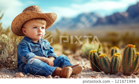 A child in a cowboy hat sits on desert ground near cacti, gazing into the distance. Concept of innocence and exploration in a desert setting. 121871994