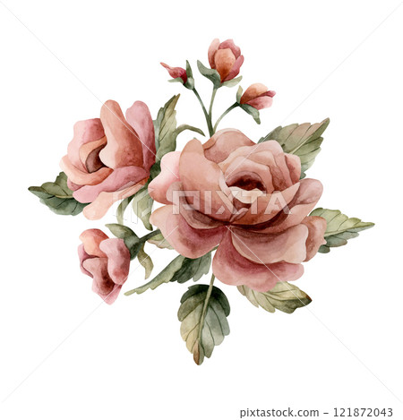 Rose flower with buds and leaves. Dusty pink garden flowers arrangement. Watercolor hand painted floral isolated illustration for wedding design, home textile, porcelain crockery, cards, labels, logos Rose flower with buds and leaves. Dusty pink garden flowers arrangement. Watercolor hand painted floral isolated illustration for wedding design, home textile, porcelain crockery, cards, labels, logos 121872043