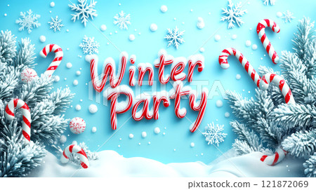 Candy canes and snowy pine branches surround the text "Winter Party" on a blue background. Concept of festive holiday celebration and winter wonderland. 121872069