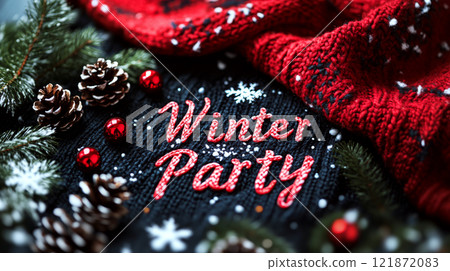 Pinecones, red baubles, and a knitted scarf surround the text "Winter Party" on a black background. Concept of festive holiday decoration. 121872083