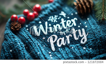 Sweater with "Winter Party" text surrounded by berries, pinecone, and pine needles. Concept of festive winter celebration. Sweater with "Winter Party" text surrounded by berries, pinecone, and pine needles. Concept of festive winter celebration. 121872084