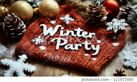 Winter hat on wooden surface with pinecones and ornaments reads "Winter Party." Concept of celebration, seasonal decor. 121872085