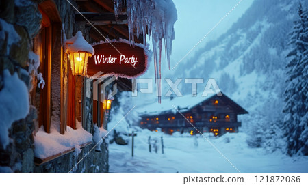 Icicles hang from a snowy cottage with a lit lantern and a sign reading "Winter Party". Concept of cozy winter evening celebration. Icicles hang from a snowy cottage with a lit lantern and a sign reading "Winter Party". Concept of cozy winter evening celebration. 121872086