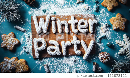 "Winter Party" text on a wooden sign surrounded by powdered snow and cookies. Concept of celebration, winter, festive season. 121872121