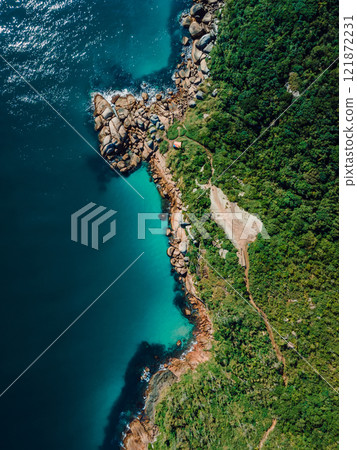 Scenic blue ocean rock coastline with ocean in Brazil. Aerial view 121872231
