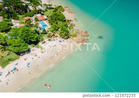 Luxury beach with villas and turquoise quiet ocean in Brazil. Aerial view 121872235