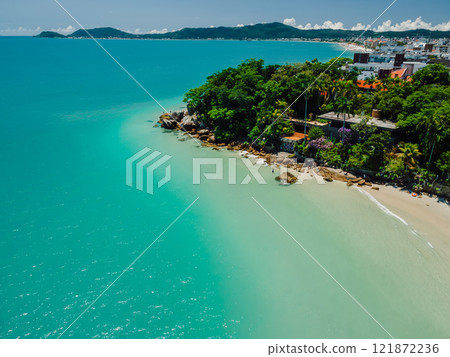 Luxury beach with villas and turquoise quiet ocean in Brazil. Aerial view 121872236