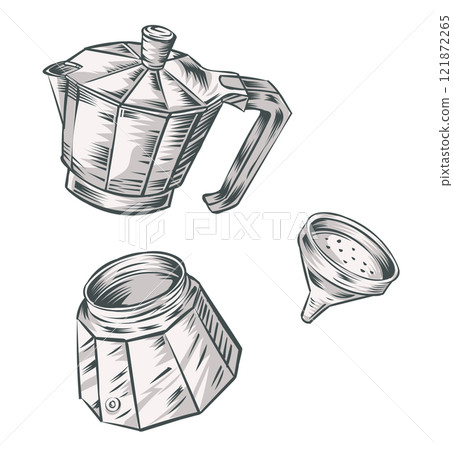 Italian moka cartoon disassembled into elements, traditional espresso hand drawn. Vector illustration Italian moka cartoon disassembled into elements, traditional espresso hand drawn. Vector illustration 121872265