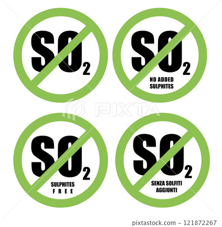 Sulfites free label vector design for packaging. No sulfites icon. Illustration, logo, symbol, sign, stamp, tag and emblem. 121872267