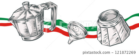 Italian moka illustration, Traditional Espresso hand drawn on Italian flag. Vector illustration Italian moka illustration, Traditional Espresso hand drawn on Italian flag. Vector illustration 121872269