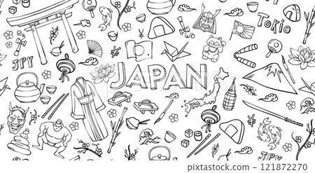 Japan doodle sketch elements. Symbols of Japan. vector banner 121872270
