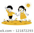 孩子們在田野裡行走的手繪插畫 121872293